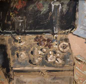 De Pisis Filippo - Natura morta con funghi, castagne e bicchieri *